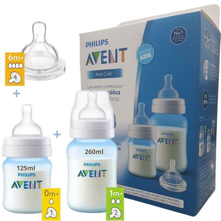 Philips Avent Kit Duplo Mamadeira Anti-Colic 125ml + 260ml + Bico Nº4 Azul SCD809/37 Philips Avent Kit Duplo Mamadeira Anti-Colic 125ml + 260ml + Bico Nº4 Azul SCD809/37