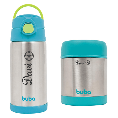 Kit Termico Personalizado Garrafinha + Pote Aço Inox Azul - Buba Kit Termico Personalizado Garrafinha + Pote Aço Inox Azul - Buba