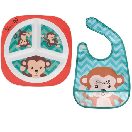 Prato com Divisória e Babador Personalizados - Buba Macaco Prato com Divisória e Babador Personalizados - Buba Macaco