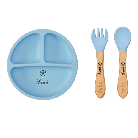 Prato Personalizado + Talheres Buba em Silicone Azul Prato Personalizado + Talheres Buba em Silicone Azul