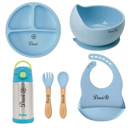 Kit Refeição Buba Silicone Azul Com Garrafa Térmica Kit Refeição Buba Silicone Azul Com Garrafa Térmica